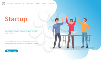 Successful startup of programmers vector. People working on business project, achieving results, laptop on table, technology advancement in office. Website or webpage template, landing page flat style