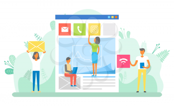 People working on website development vector. Man and woman with signs and icons, call phone and letter envelope, male with wifi connection sign flat style