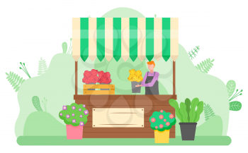 Woman selling flowers and plants in pots on street. Female florist making colorful bouquets and putting them in vases in park. Floriculture and garden tillage vector