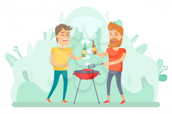 Friends drinking and frying steak on grill, people leisure outdoor. Smiling men with bottles cooking meat on barbecue, grilling holiday, weekend vector