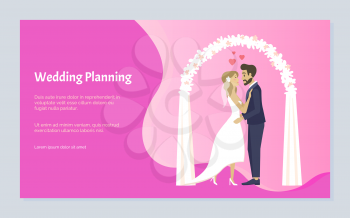 Wedding planning, people celebrating engagement day vector, man and woman wearing formal clothes standing under arch decorated with veil and mesh. Website or webpage template, landing page flat style