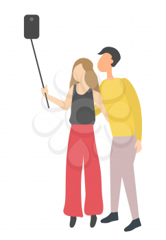Man and woman making selfie on smartphone on stick isolated cartoon characters. Vector friends spend time together, dating couple shooting video on phone