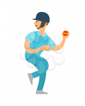 Sportsman cricket player in protective helmet going to throw ball, isolated cartoon character. Vector English sport, bat-and-ball game, cricketer on tournament