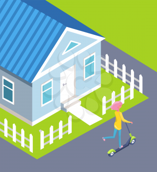 Teenage girl riding scooter vector, house with roof and windows, entrance door and path leading to road. Woman using ecological transportation flat style