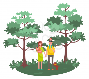 Family mother, father and children walking outdoors with dog pet. Vector mom and dad, son and daughter spending time together in spring or summer forest
