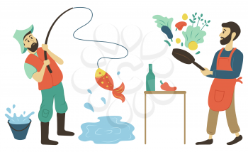 Men on leisure vector, hobby of people male with fishing rod catching fish from pond. Person cooking, preparing dishes from vegetables fresh veggies