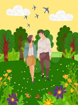 Summer landscape and happy dating lovers walk together in green forest with trees and flowers. Vector summertime scenery, flying birds and flirting people