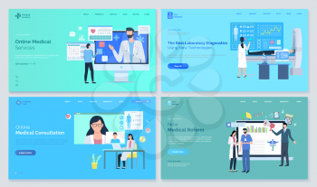 Online medical service, consultation and reform, laboratory diagnostics, new technologies, doctor man and woman helping patient, healthcare vector. Website or webpage template, landing page flat style