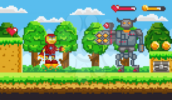 Pixel art 8 bit game ranger or robot and minotaur fighting. Old retro computer game or arcade characters, warriors, monsters with firearms vector. Platformer video-game. Pixelated app gemes