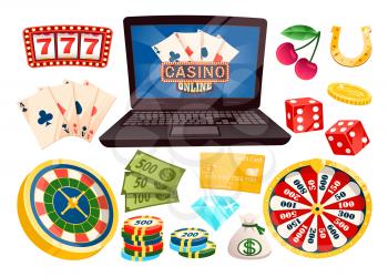 Gambling and playing on money online vector, isolated laptop with cards. Dive and horseshoe, cherry and 777 numbers, roulette and banknotes, coin and chips. Objects for casino game