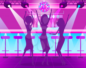 Shadow of dancing women near counter bar with cocktails, disco ball and light. Hen-party of females in night club in purple color, celebration vector