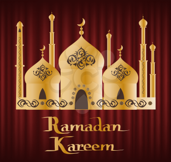 Ramadan Kareem greeting card, Muslims with arabic ornaments lantern and moon on golden elaborate domes, arabic festive, red wallpaper, culture vector