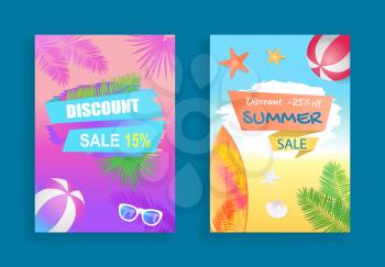 Summer sale discount, vector banner, curved ribbons. Beach ball and surfboard, sun glasses, starfish and seashell, palm leaves print, seashore theme