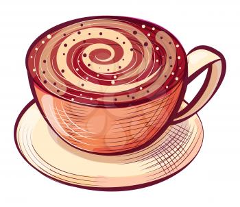 Cup of coffee, brown aroma beverage in bowl with handle on saucer. Sketch of cappuccino or late in dishware, caffeine drink with foam in mug, shop vector