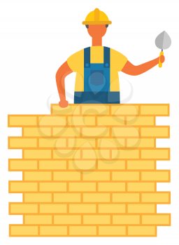 Man building wall vector, isolated character holding shovel standing by construction. Worker wearing helmet and protective clothes, engineering flat style