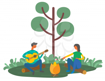 Man and woman resting outdoors with guitar and making marshmallows on bonfire. Vector people in cartoon style, green tree and couple having fun outdoors