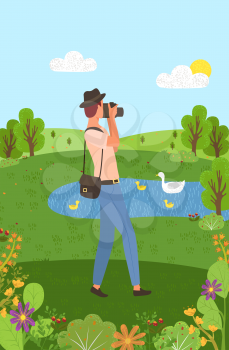 Hobby of man with photo camera vector, person walking in park. Male taking photo of nature, landscape view in lens of photographer. Lake and swimming swans