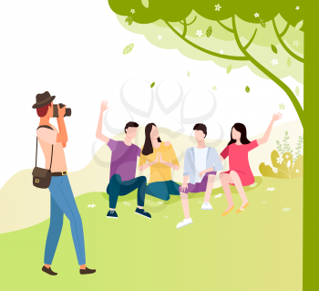 Tourist making photo of friends sitting together under tree. Vector young man and woman spend time together, people making pictures, professional photographer