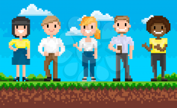 Group of man and woman characters standing on grass, portrait view of smiling superheroes, pixel game, team on adventure platform, choose hero vector. People for pixelated 8 bit games
