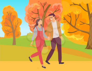 People in love vector, man and woman walking together holding hands of each other, wife and husband, boyfriend and girlfriend, strolling outdoors
