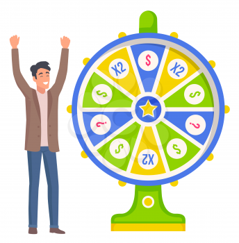 Smiling man winning jackpot in roulette machine. Happy player character standing near fortune wheel, business success in casino equipment, prize vector