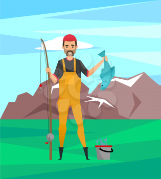 Bearded fisher in rubber boots standing with fish trophy in hands on background of mountains with white peaks. Vector fisherman with rod, bucket with water nearby