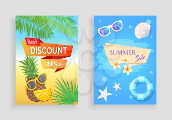 Summer sale, best discount vector shaped ribbon, leaflet sample. Sun glasses, inflatable ring and flower, star and shell, pineapple and palm leaves