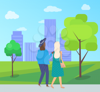 Women speaking outdoor, back view of friends girls wearing casual clothes, females walking between trees and buildings, urban park, leisure vector