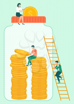 People investing in business vector, isolated jar container with money glass with dollars coins, man woman with financial assets. Person sitting on ladder. New investors