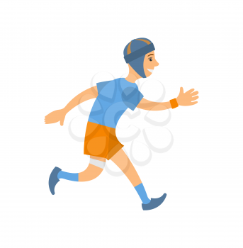 Man in blue t-shirt , shorts and socks run marathon, jogging man in helmet, flat style. Vector jogger or rugby runner in uniform running isolated person