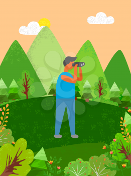 Male looking in binoculars vector, person using special device for zooming objects in distance, male on vacation in forest, trees and mountains flora
