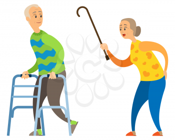 Aged woman scolds disabled elderly man vector, emotional people, senior person with invalid crutches running away looking back, wooden stick of lady