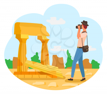 Tourist in hat with photo camera, man photographer in blue trousers taking photos of ancient ruins. Vector retro buildings, travelling concept, vintage columns