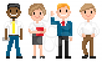 Man and woman pixelated graphics of 8 bit game isolated character of pixel game, mosaic representation, Afro American and Evropean personages, friends spending time together, for business or education