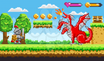 Pixel game knight in armor with sword and shield fighting with red fire belching three headed dragon for chest of money. Platformer video-game. Retro computer arcades. 8 bit pixelated art app gemes