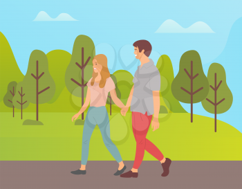 Teenagers holding hands, cartoon people walking together in green summer park. Vector boy and girl side view, male and female characters in flat style