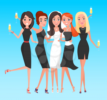 Smiling women hugging each other, bachelorette party. Happy bride standing with females, ladies wearing dress holding glass of champagne, hen-party vector