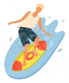 Male surfer balancing on board. Young boy with blonde hair wearing t-shirt and shorts surfing in ocean. Guy in swimming trunks doing water sport vector. Summertime activity