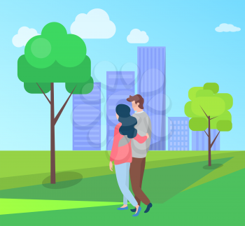 Embracing people in love and summer season, man and woman walking outdoors, buildings on background. Vector hugging couple back view, happy lovers