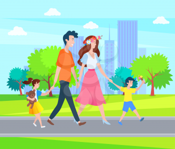 Parents and children spend time outdoors. Happy family, mother, father and kids walking together in city park, springtime scenery landscape, bench and trees
