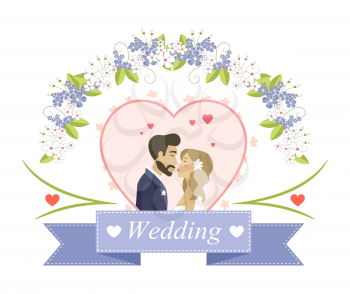 Wedding postcard or invitation of kissing man and woman, side view of groom and bride in heart shape with flowers, newlyweds characters, married vector