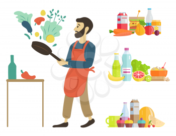 Man at home cooking dishes vector, hobby of person food and ingredients. Water and watermelon juice and meal parsley and paprika, vegetables fruits. Male preparing dinner from veggies with help of pan