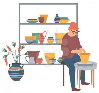 Portrait view of sitting potter making form of bowl. Person molding clay pot. shelf with handmade crockeries and plant, man indoor, craft hobby vector