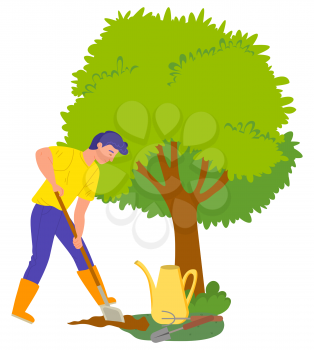 Person planting new plans vector, male working in orchard. Isolated character digging hole for new flora, tree with branches and foliage in garden