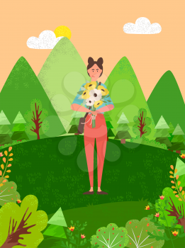 Young girl walking in forest among green trees, bushes. Pretty woman with bouquet of flowers on meadow with blooming plants, cartoon female with sack