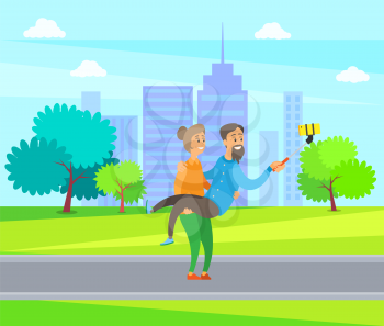Woman holding man on hands vector, happy couple in city park having fun together, male holding phone and taking selfie with grandmother, pensioners