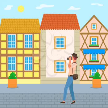 Tourist making photos of buildings, traveling concept. Vector guy shooting facade buildings, opening new countries and destinations, house exteriors