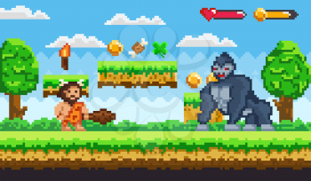Pixel game with caveman wearing animal pelt with a baton against huge gorilla. Prehistoric bearded man, primitive stone age character arcade. Platformer video-game. Retro 8 bit pixelated art app gemes