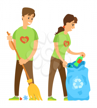 Volunteering work of people vector, isolated man and woman with garbage bin, man sweeping floor and woman collecting litter plastic bottle environmental care