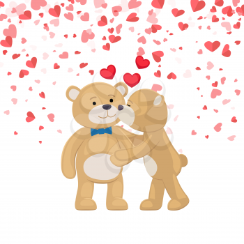 Teddy girl kissing and hugging boy, festive card with hearts. Bear toy with blue bow, cartoon character vector. Boyfriend and girlfriend Valentine day